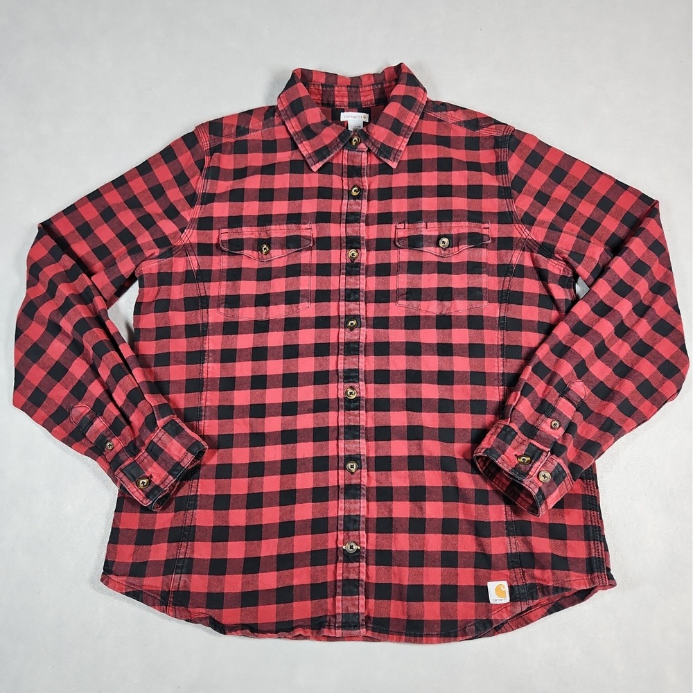 Carhartt Womens Red Black Plaid Button Up Long Sleeve Shirt Size Large